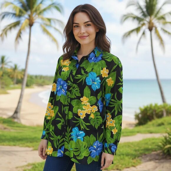 JONES NEW YORK Tropical Floral Blouse Women's 1x Plus Button Tab Sleeve Cotton - Picture 10 of 16